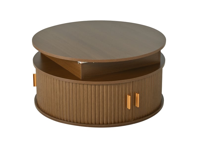  Table basse réglable en hauteur (75 x 75 x 52 cm), table d'appoint avec éclairage led, table basse ronde, table à thé avec deux portes coulissantes, table couleur noyer avec espace de rangement dissimulé  - Conforama D