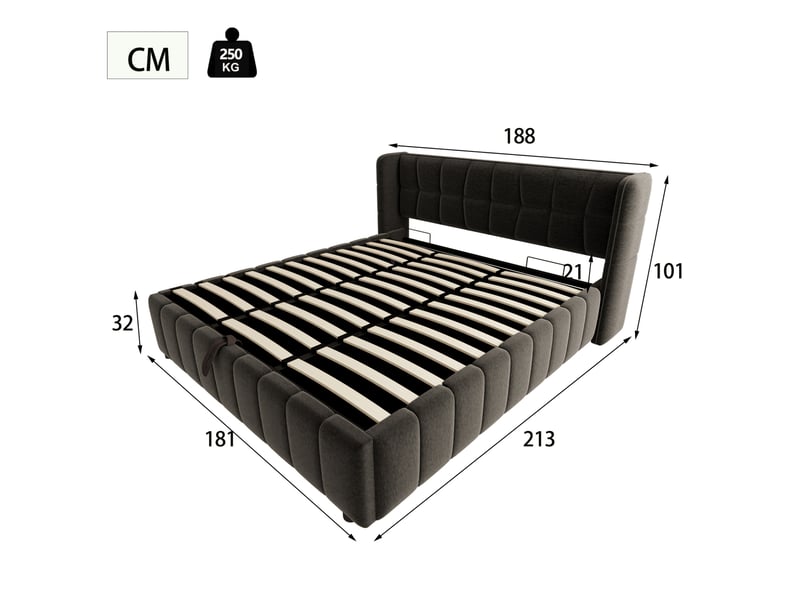  Lit coffre 180 x 200 cm avec sommier à lattes, cadre rembourré gris et métal  - Conforama C
