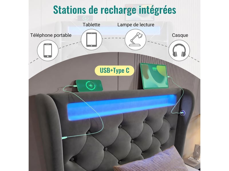  Lit 90x200 cm avec rangement, led, usb et type-c, velours gris  - Conforama E