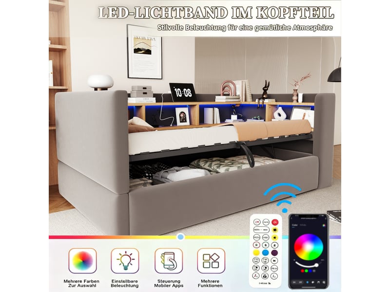  Lit banquette coffre 90x190 cm avec led et prises, canapé lit avec nombreux rangements, gris foncé evarich - Conforama D