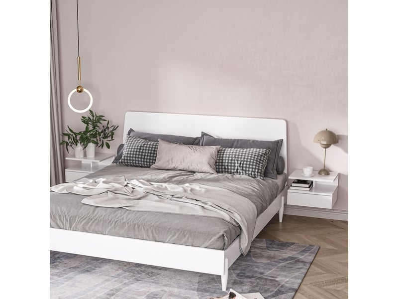 Ensemble de 2 tables de chevet murales modernes avec tiroir et étagère en bois, 35 x 32 x 22,5 cm, blanc brillant  - Conforama D