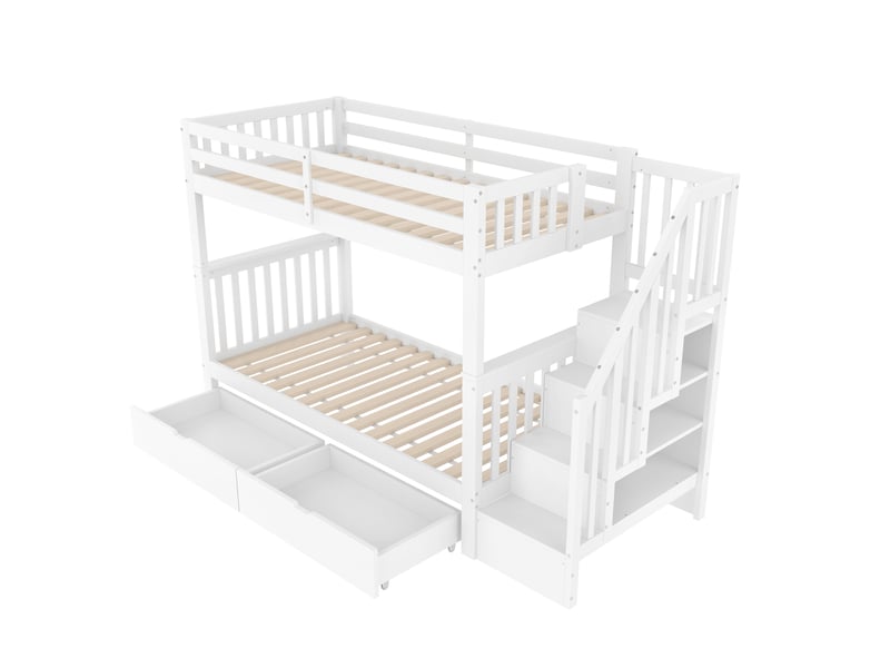  Lit superposé 90x200 cm, étagère d'escalier, équipé de deux tiroirs, barrières de sécurité hautes, sans matelas, blanc  - Conforama E