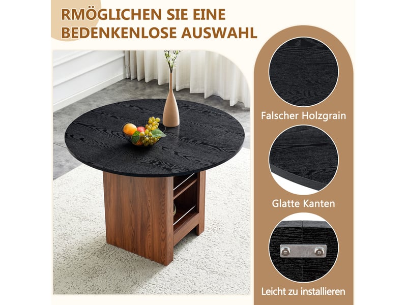 Table de salle à manger ronde, 100x100x76 cm, moderne avec espace, plateau mdf, piètement métal, coloris noir et noyer - Conforama E