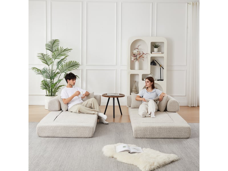  Canapé convertible 4-en-1 en tissu chenille beige, 4 configurations, sans montage, 4 coussins inclus, design modulable  - Conforama W