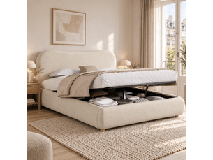 Lit coffre 2 places 160x200 cm avec rangement hydraulique, sommier à lattes, tête de lit capitonnée, pieds en bois massif, tissu chenille beige