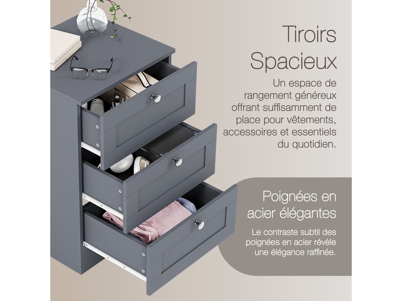  Table de chevet altino 3 tiroirs, commode de nuit, chambre, rangement, 62x40x36cm, gris 3332177 - Conforama E