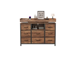 Commode chambre, 8 tiroirs, led rgb et station de charge, meuble de rangement 108x30x82 cm, métal et tissu, style industriel moderne, couleur noyer