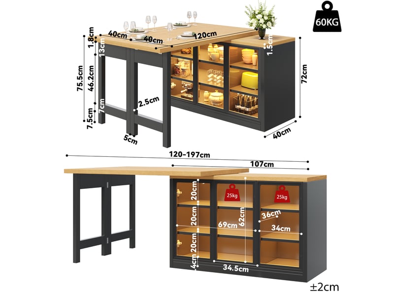  Ensemble table à manger extensible et buffet modenvie, plateaux pivotants à 360°, éclairage multicolore, mdf et verre, noir, 120 à 197 x 40 x 72 cm  - Conforama C