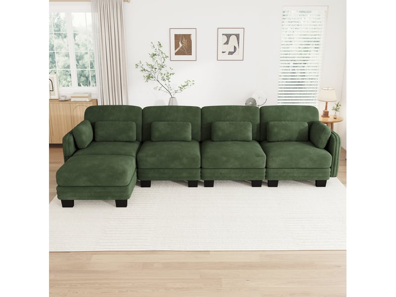 Canapé d’angle modulaire 4 places 330x143x88 cm avec pouf, coussins lombaires et accoudoirs, chenille vert - Conforama D