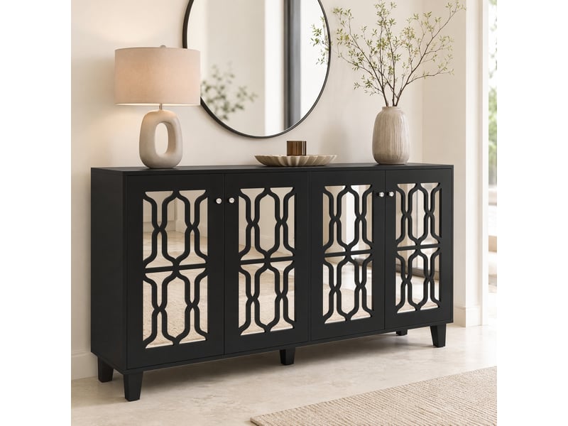  Buffet 4 portes noir à façades miroir – mdf, étagères réglables – 160 x 40 x 84 cm  - Conforama C