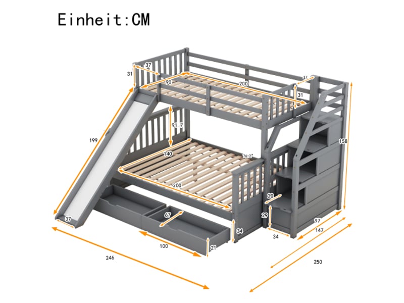  Lit superposé 90140x200 cm avec 2 tiroirs, niches de rangement et toboggan, pin et mdf, gris  - Conforama D