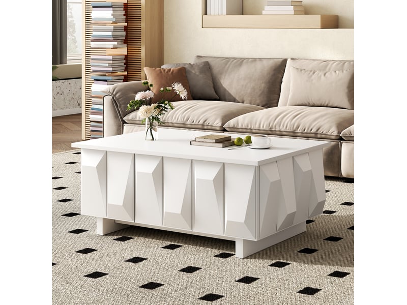  Table basse de salon 95x67x39,5 cm avec rangement, 3 portes, façades à structure 3d, panneau de particules, blanc  - Conforama B
