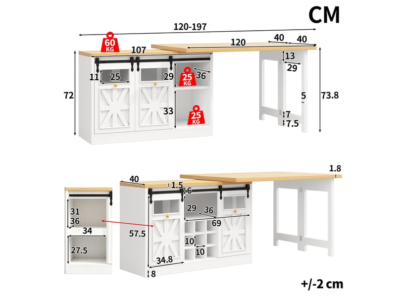  Îlot de cuisine extensible 120-197 x 40 x 72 cm, portes coulissantes vitrées et éclairage led rgb, blanc, en mdf robuste  - Conforama C