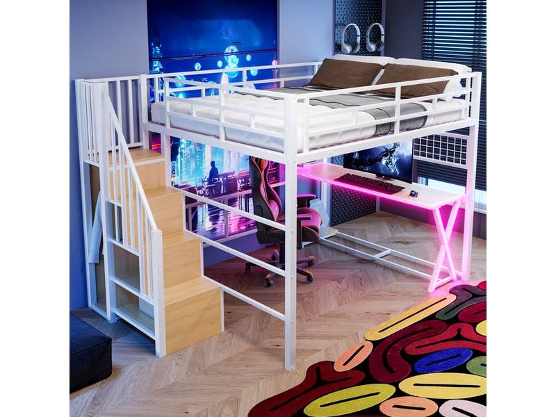 Lit mezzanine 160 x 200 cm – avec éclairage led – échelle avec rangements – avec bureau – blanc (matelas non inclus) - Conforama B