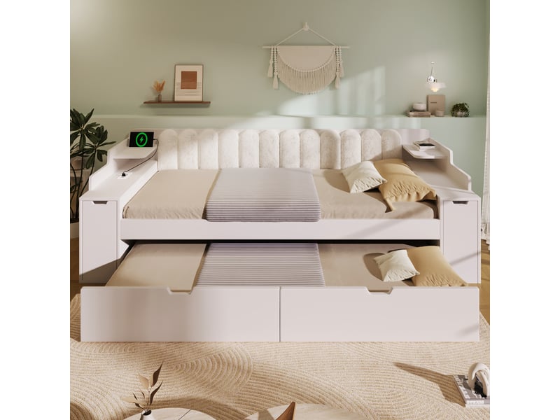 Lit banquette - 90x200 cm - sommier à lattes - lit gigogne - sur roulettes - prise de charge - structure métal - pratique - blanc CozyNest - Conforama D