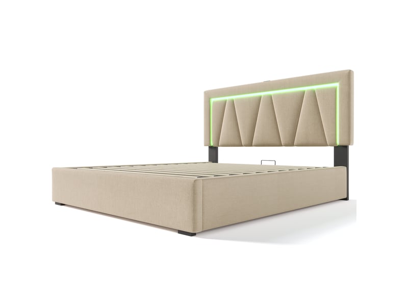  Lit coffre 140x200 cm avec matelas, led, usb et usb-c, tête de lit réglable beige  - Conforama A