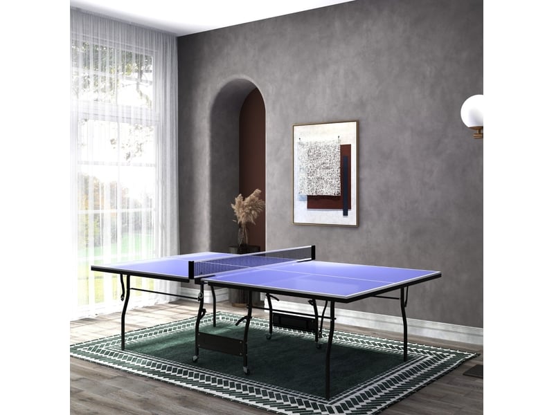  Table de tennis de table pliable bleu 274 x 152,5 x 76 cm, mdf, filet, 2 raquettes, 3 balles et roulettes  - Conforama B