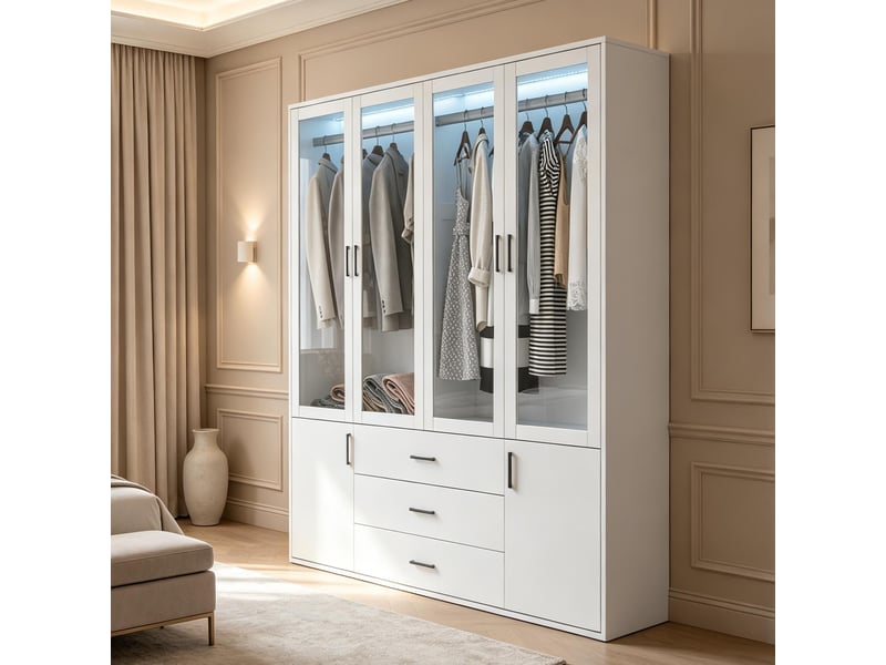 Armoire 4 portes – 3 tiroirs – 130×51,8×181,5 cm – led – miroir – rangement xxl – moderne – blanche - Conforama B