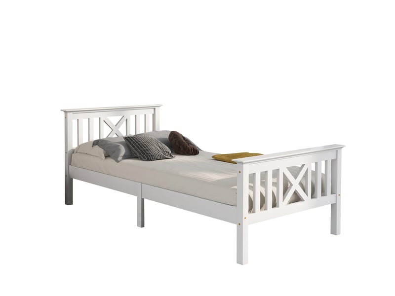  Lit simple 90 × 200 cm avec rangement sous lit, tête de lit en x, sans matelas, en bois massif, blanc  - Conforama A
