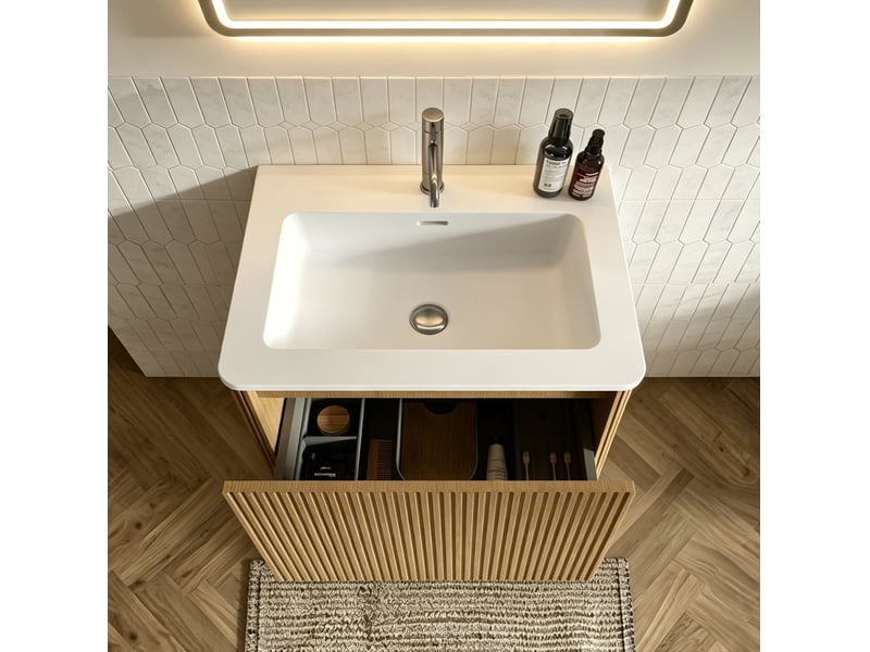  Meuble rangement salle de bain suspendu avec miroir led et lavabo coloris chene homvra  - Conforama D