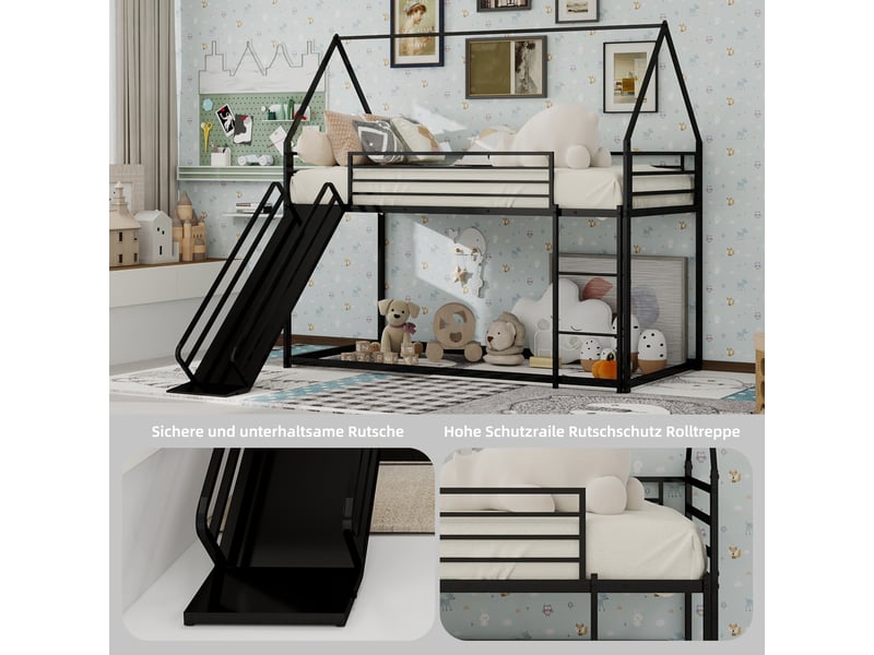 Lit superposé 90x190 cm forme maison avec toboggan, métal, noir, sans matelas - Conforama E
