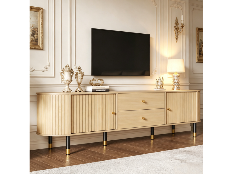 Meuble tv bas avec 2 portes, 2 tiroirs et passe-câbles, finition bois naturel, pour salon en mdf 180 × 40 × 58 cm  - Conforama D