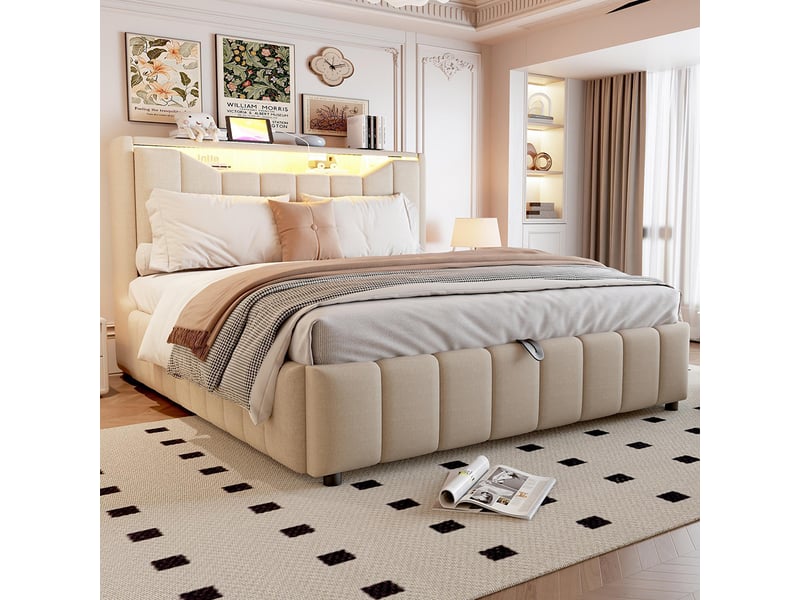 Lit adulte 180 x 200 cm, équipé de ports de recharge usb et usb-c, en lin,beige - Conforama D