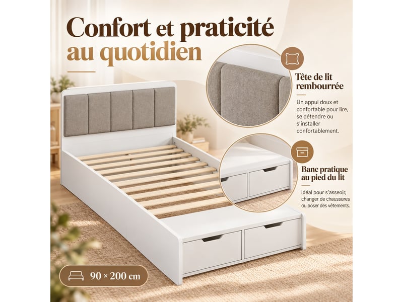  Lit jeune lit 90x200 cm lit capitonné avec 2 tiroirs de rangement lit enfant à lattes en bois lit simple blanc  - Conforama D