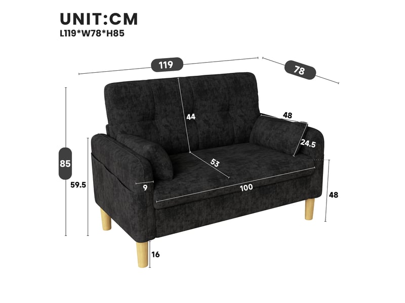  Canapé 2 places modenvie en chenille gris avec 2 coussins et poche latérale  - Conforama C
