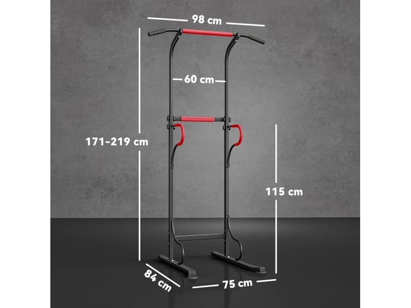  Tour de musculation réglable 98 x 84 x 171-219 cm noire et rouge, cadre en acier, barre de traction et dips  - Conforama C