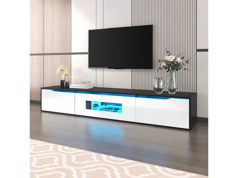  Meuble tv 180 cm, avec éclairage led, rangements fermés et niche centrale, en mdf au style moderne, noir et blanc brillant, pour salon et séjour Luxe haut de gamme - Conforama B