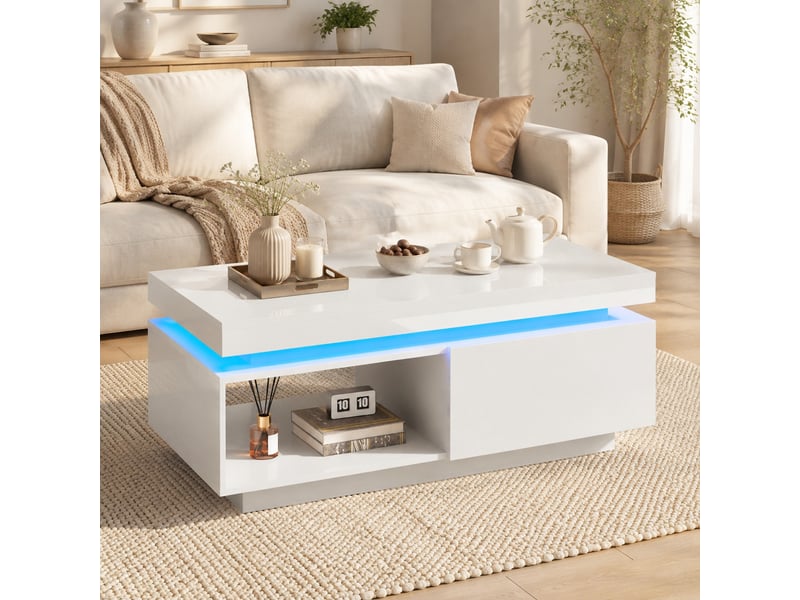  Table basse avec tiroir et led pour salon 100×50×40,3 cm en panneaux de particules blanc brillant  - Conforama B