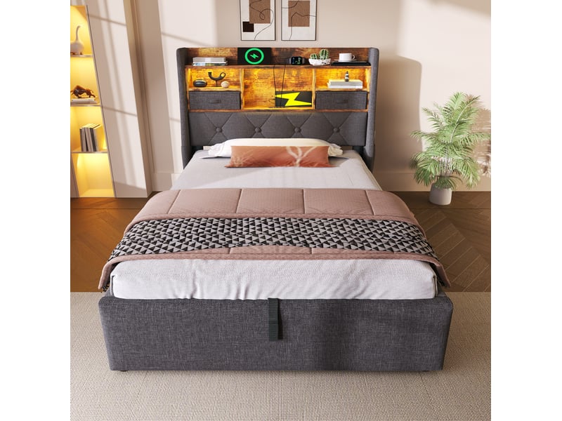  Lit coffre 90 × 200 cm 1 place avec led, 3 ports usb, usb-c et rangements, matelas inclus, en lin gris  - Conforama C
