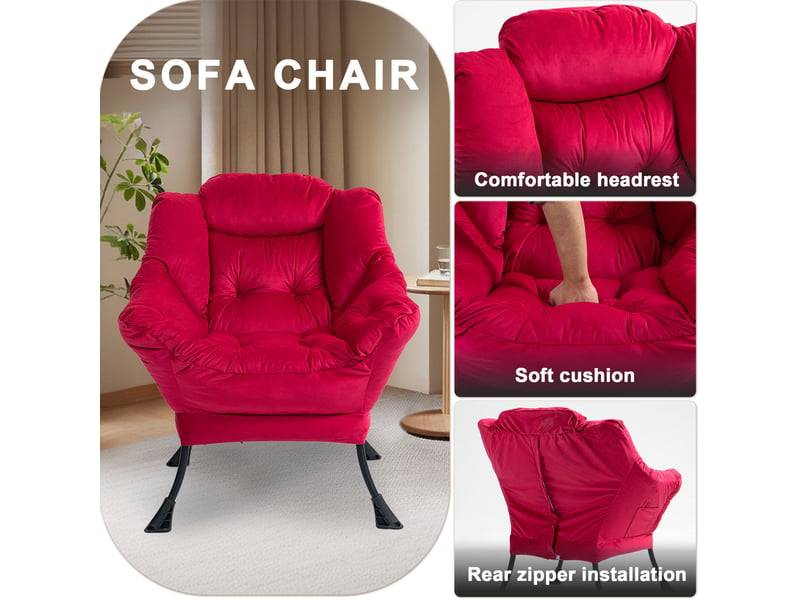  Fauteuil relaxant rouge brique en velours avec poche latérale, appui-tête rembourré et structure métal stable  - Conforama E