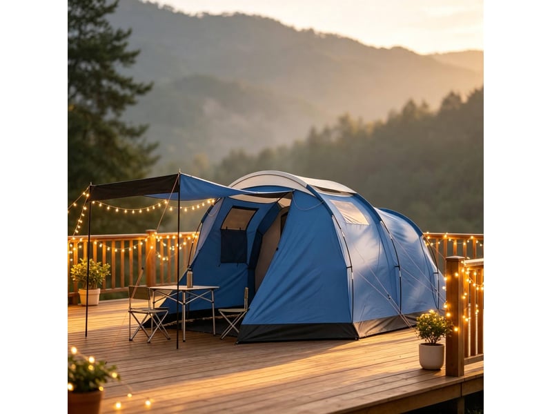 Tente tunnel 4 places bleue double paroi étanche 3000 mm avec séjour, idéale pour le camping en groupe  - Conforama B