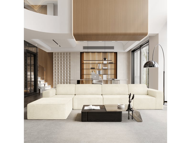 Canapé d'angle 4 places modulaire en velours côtelé avec 1 pouf,canapé compressé,sans assemblage,404x202x82cm,beige 404x202x82CM - Conforama B
