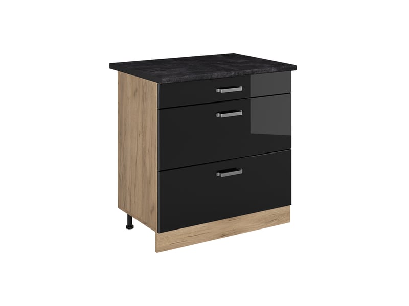  Vicco meuble cuisine, noir haute brillancechêne doré, 80cm avec 3 tiroirs plan de travail anthracite  - Conforama A