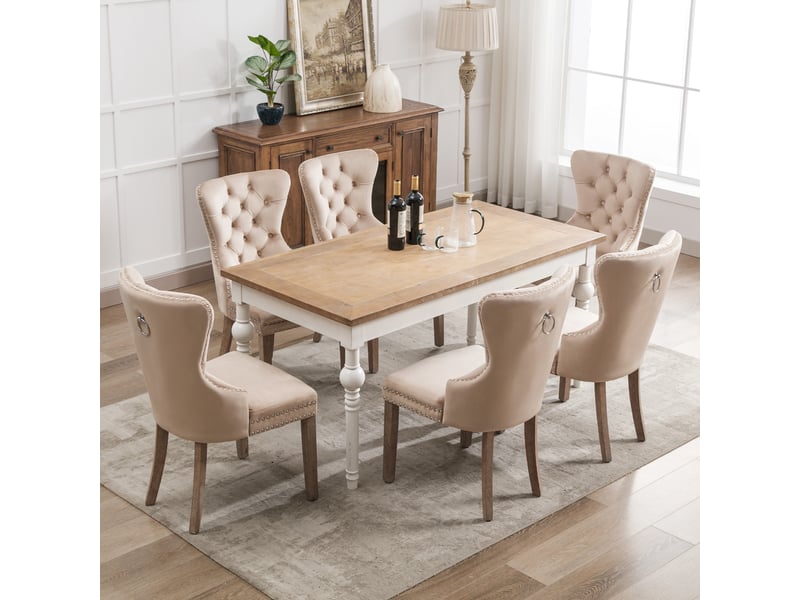  Chaise de salle à manger (chaise de cuisine, chaise de salon avec heurtoir original au dossier, lot de 6), chaise rembourrée avec garniture cloutée, pieds en bois massif, revêtement en velours, beige  - Conforama R
