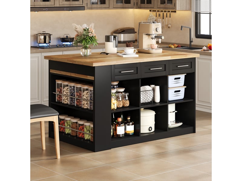  Îlot central avec table escamotable 150 cm, îlot de cuisine noir et bois, meuble de rangement mdf style européen  - Conforama W