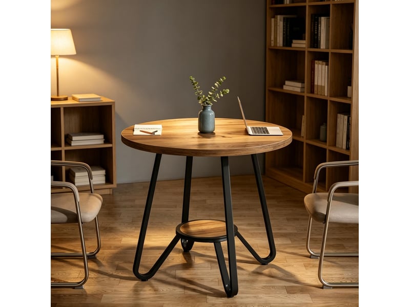  Table basse ronde 80 cm bicolore noir et marron en bois et métal, avec tablette inférieure, pour salon moderne  - Conforama B