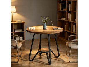 Table basse ronde 80 cm bicolore noir et marron en bois et métal, avec tablette inférieure, pour salon moderne