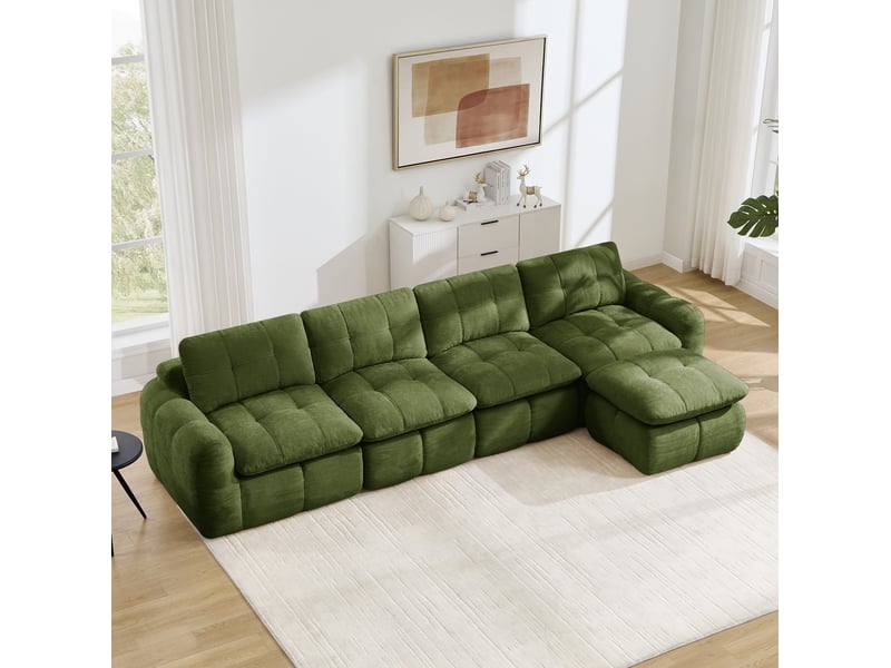  Canapé d'angle modulable modenvie 4 places vert en chenille avec pouf, sans montage, 334 x 160 x 68 cm  - Conforama D
