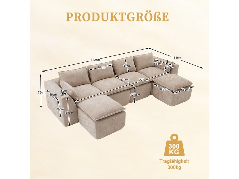 Canapé modulable compression d'angle en u,322x161x75cm,velours côtelé,canapé 4 places avec 2 poufs,porte-gobelets,poches latérales,sans montage,kaki - Conforama C