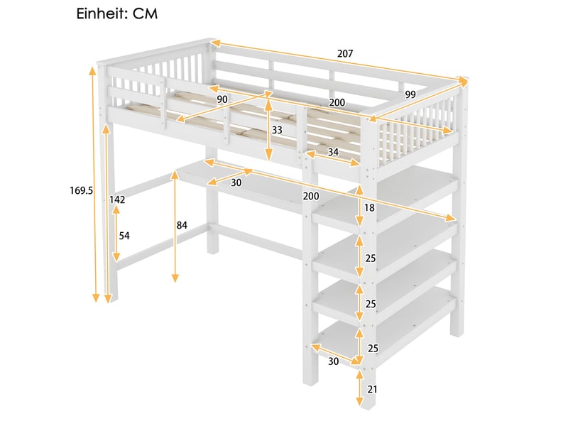 Lit mezzanine enfant 90x200 cm avec bureau et étagères blanc  - Conforama C