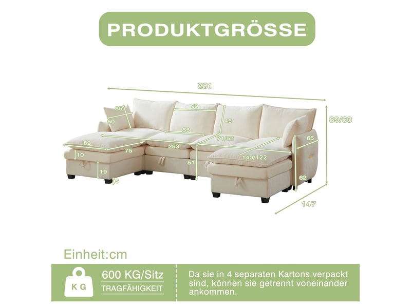  Canapé convertible 2 places 4 en 1 modulable, dossier réglable, sans montage, base antidérapante, 4 coussins, mousse haute élasticité, chenille vert  - Conforama D