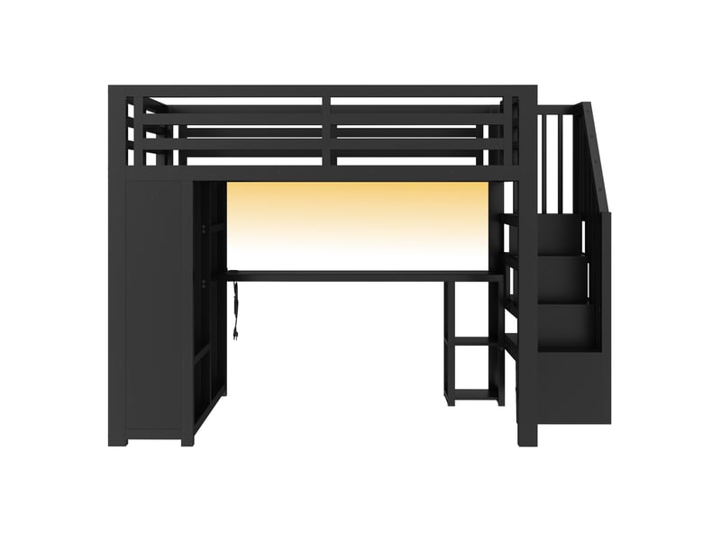  Lit mezzanine enfant gaming en métal 140x200 cm lit double avec bureau led ports usb armoire escalier rangements, noir  - Conforama W
