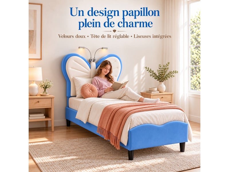  Lit enfant fille 90x190 cm en velours, tête de lit réglable en hauteur avec liseuses intégrées, lit princesse pour fille avec sommier à lattes, lit simple rembourré 90x190, bleu  - Conforama E