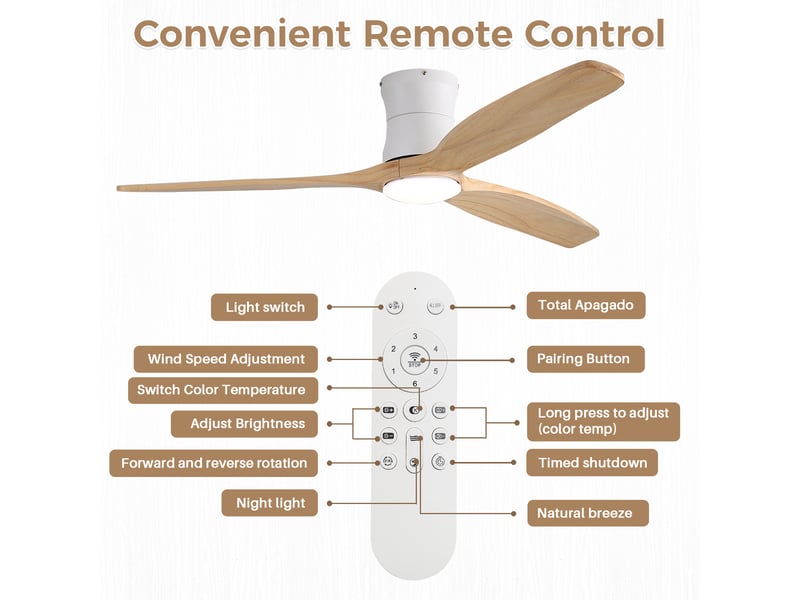 Ventilateur de plafond extra plat bois massif avec lumière et télécommande, 132 cm, moteur dc silencieux réversible, 3 pales - Conforama R