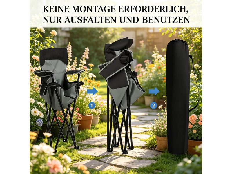 Chaise de camping pliante noire et gris foncé avec porte-gobelet, poche latérale et sac de transport pratique - Conforama D