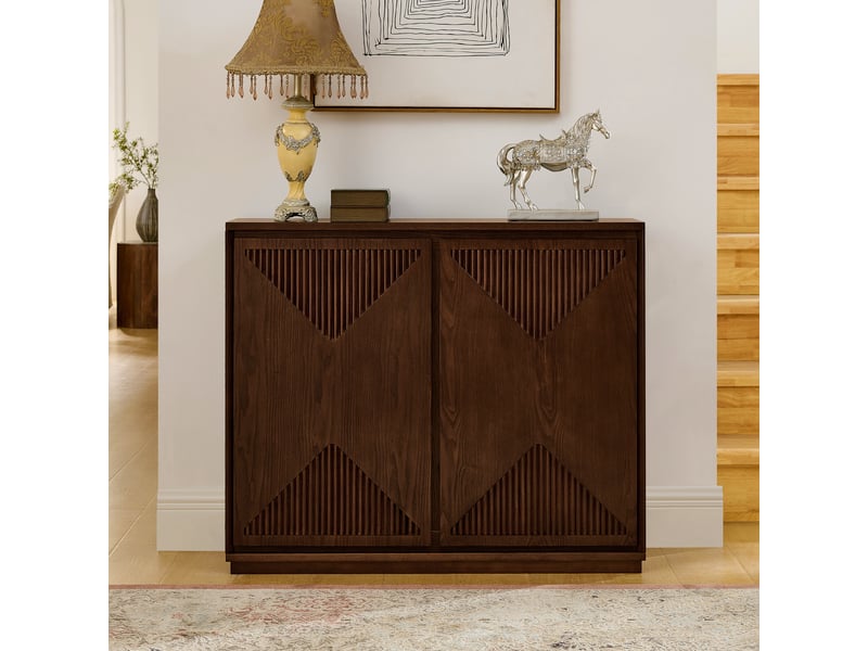  Buffet étroit 99x23,5 cm avec portes à motif chevron, rangement et pieds en bois massif, mdf, style mid-century, effet noyer foncé  - Conforama B